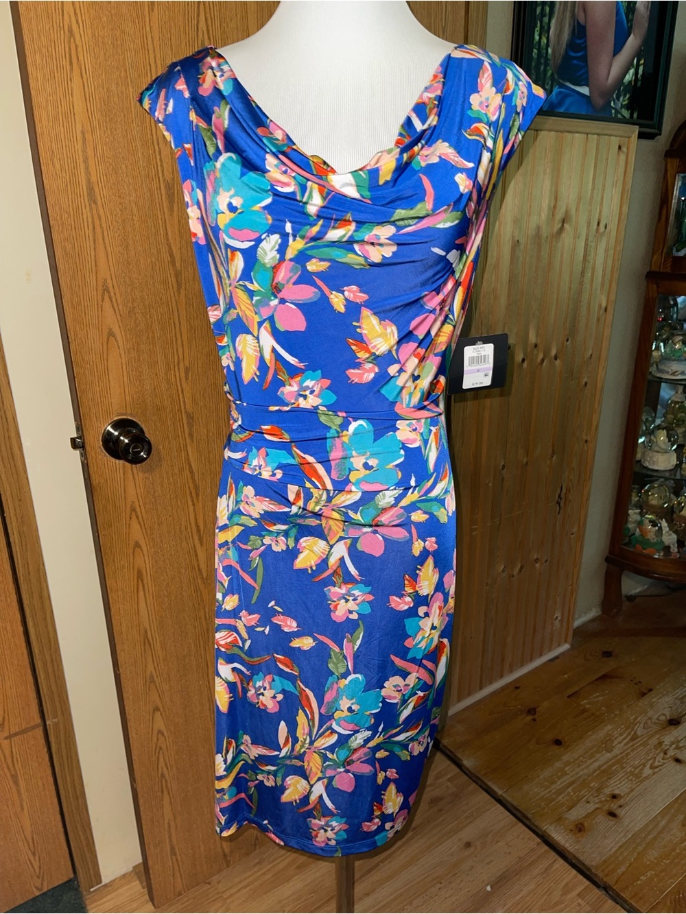 JH Blue Floral Midi Dress with Pink & Teal Accents